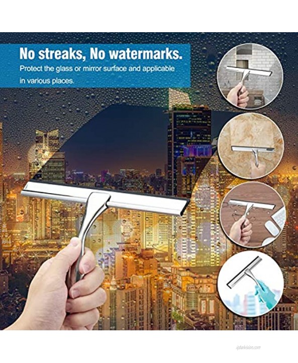 10” Shower Squeegee Premium Stainless Steel Shower Squeegee for Glass Doors Bathroom Window and Car Glass All-Purpose Window Squeegee with Suction Cup Hook & Rubber Blade Bathroom Squeegee