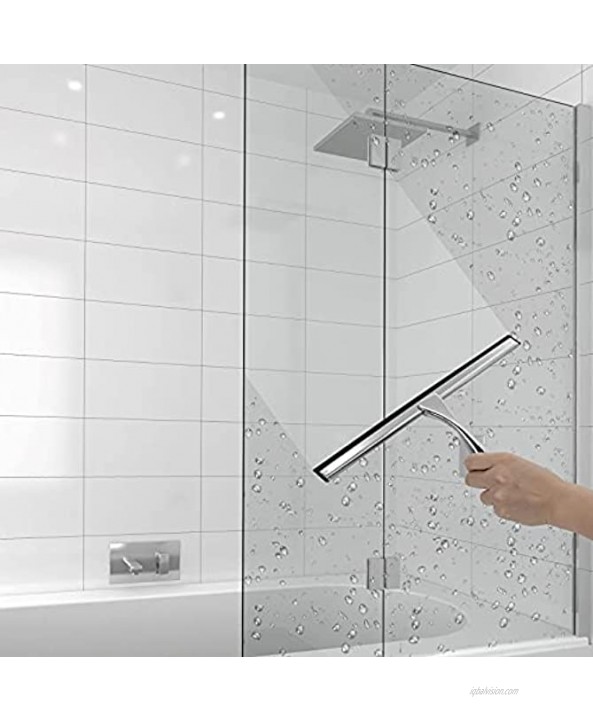 Abealv Shower Squeegee Stainless Steel Window Squeegees Non-Slip Bathroom Scraper Glass Shower Door Squeegee All-Purpose Car Wiper for Windows Kitchen and Mirror with 2 Matching Hooks Holder 12 inch