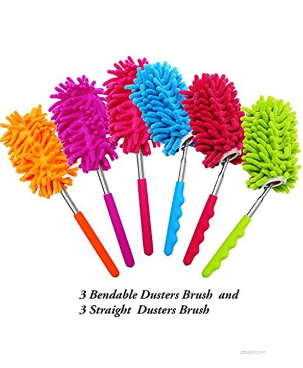 ANECO 6 Pack Microfiber Bendable Extendable Dusters Brush Washable Dusting Brush with Telescoping Pole for Home Office Car 3 Bendable and 3 Straight