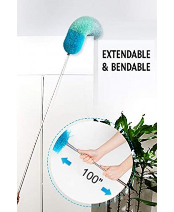 BOOMJOY Microfiber Feather Duster with Extendable Pole 100" Telescoping Cobweb Duster for Cleaning Bendable Head Scratch-Resistant Cover Washable Duster for Ceiling Fan Furniture Green
