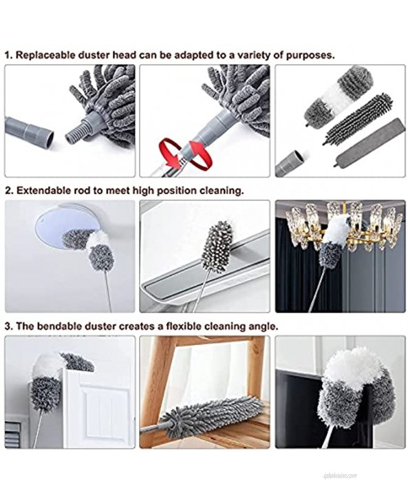 FAMALL Microfiber Dusters for Cleaning Feather Duster Kit with 30-100 Inches Telescoping Extension Pole Reusable Dusters with Bendable Head Washable Duster for High Ceiling Fan Cobweb Blinds Car