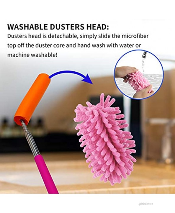 Lorpect Microfiber Duster for Cleaning Dusters with Telescoping Extension Pole Extendable Washable Mini Dusters for Cleaning Car Window Furniture Office Pink Purple Rose red