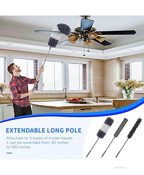 Microfiber Duster Set for Home Telescopic Feather Cobweb Duster Cleaning Kit Includes Extension Pole and 3 Replacement Head Bendable & Washable for Cleaning Ceiling Fan Gap Furniture & Cars