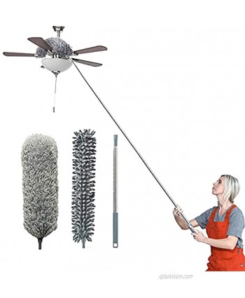 Telescoping Microfiber Duster,Dsuter with 100" Stainless Steel Extension Pole and Protective Cap,Detachable & Washable & Bendable,Cleaner for Ceiling Fan,Lamps,Chandelier,Blind,Wall,Cobweb,Car Gray