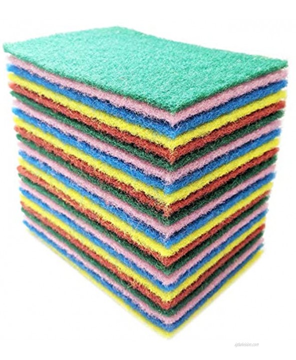 Bundaloo 24 Pack Scouring Pads Scrubbers Set in Red Yellow Pink Green and Blue Multipurpose Non Abrasive Non Scratch Synthetic Fiber Cleaning and Scouring Scrubs 6x4 Inches