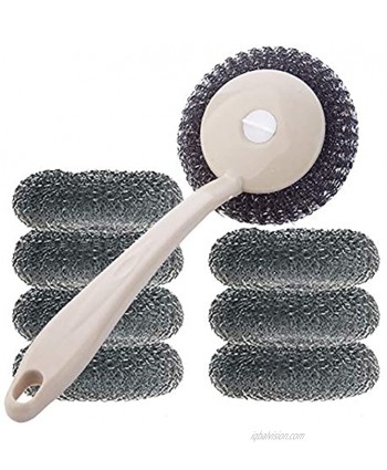 Kitchen Stainless Steel Sponges Scourer Set with Handle Pack of 8 Pot Brush Large Stainless Steel Scrubbers Metal Scouring Pads Kitchen Cleaning Tool,Nordic Beige
