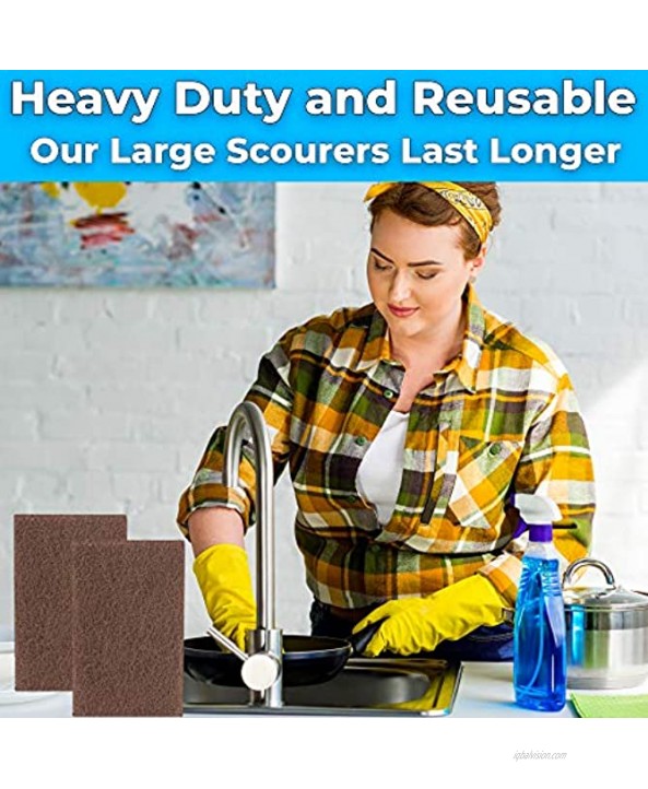 Non Scratch Heavy Duty XL Brown Scouring Pads. 6x9 in 5 Pack of Scrubber Tools for Cleaning Stainless Steel Pots Pans Grills and Griddles. Extra Large Pad for Outdoor Use on Railings and Tiles.