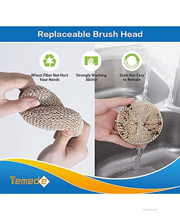 Temede Dish Brush Kitchen Scrub Brush for Washing Pot Pan Cast Iron Skillet Sink and Bathroom Dish Scrubber Brushes with Comfortable Long Handle & 2 Replaceable Plant Based Brush Heads