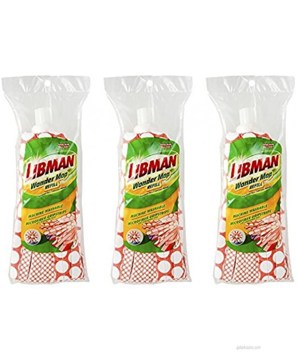 Libman Wonder Refill Pack – for Powerful Cleanup – Three Absorbent Wet Mop Replacement Heads for Hardwood Tile Vinyl. Machine Washable 11.5 Inch Red & White