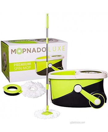 MOPNADO – Deluxe Stainless Steel Rolling Spin Mop System with 2 Replacement Microfiber Mop Heads and Brush Attachment – Walkable with Wheels Perfect For All Floor Types Multipurpose Home Use