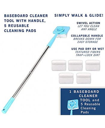 Baseboard Cleaner Tool with Handle 5 Reusable Cleaning Pads No-Bending Mop Baseboard Cleaner Tool Long Handle Adjustable Baseboard Molding Tool for Bathroom Microfiber Cleaning