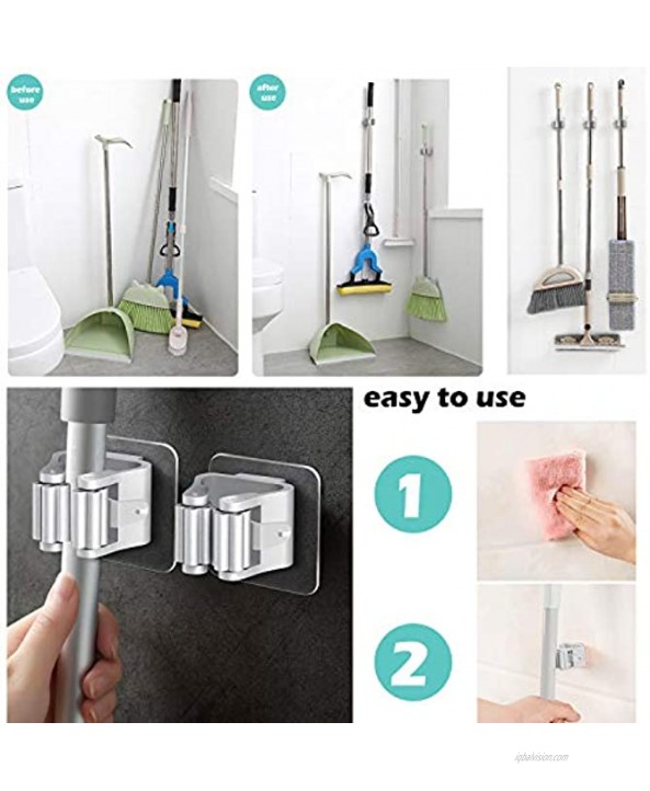 4 Pack Broom Mop Holder & 4 Pack Hook Broom Gripper Holds Self Adhesive Reusable No Drilling Anti-Slip Wall Mounted Storage Rack Storage & Organization for Home Kitchen and Wardrobe-White