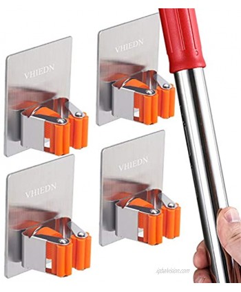 Broom and Mop Holder Wall Mounted Stainless Steel Self Adhesive Single Broom Hanger Hook No Drill Heavy Duty Organizer Rack for Kitchen Garage Closet Door Pantry Refrigerator Orange 4 Pack