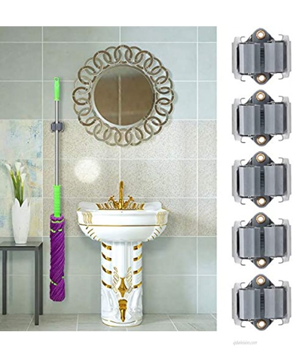 Broom Holder Wall Mounted，ROSENICE Mop and Broom Holder,Cleaning Tools Organizer Mop Clip Bathroom Kitchen Garden Storage Rack 5PCS Gray
