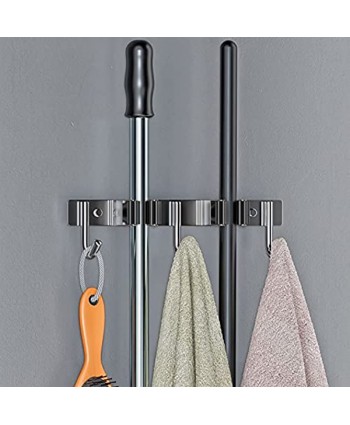 Mop and Broom Holder Wall Mount Heavy Duty Stainless Steel SUS304 Broom Organizer Wall Mount for Laundry Room Garden Garage Closet Kitchen – 2 Broom Hanger Positions with 3 Broom Hooks Black