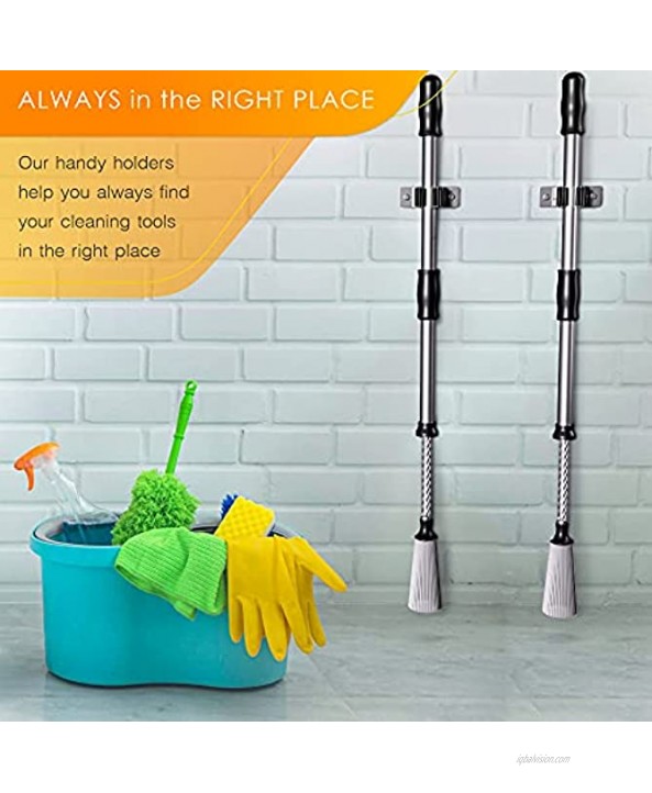 Mop and Broom Holder Wall Mount Heavy Duty Stainless Steel SUS304 Broom Organizer Wall Mount for Laundry Room Garden Closet Kitchen Garage Storage Rack – Screw and Self Adhesive 2 Pack Black