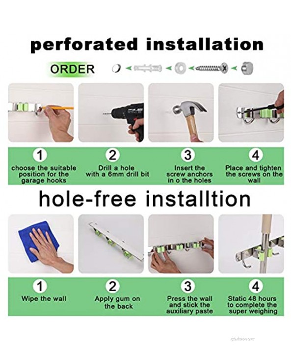 Mop and Broom Holder Wall Mount,Broom and Mop Holder Wall Mounted Stainless Steel 304 Kitchen Cleaning Tools Storage Green Color 3 Grips and 4 Hooks