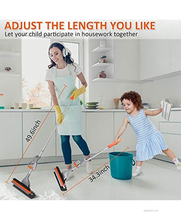Baban Sponge Mop with Floor Brush and Squeegee 34.6 Adjustable Length Mop Strong Water Absorption Easy to Dry Squeeze Water by Hand Equipped with a Spare Sponge