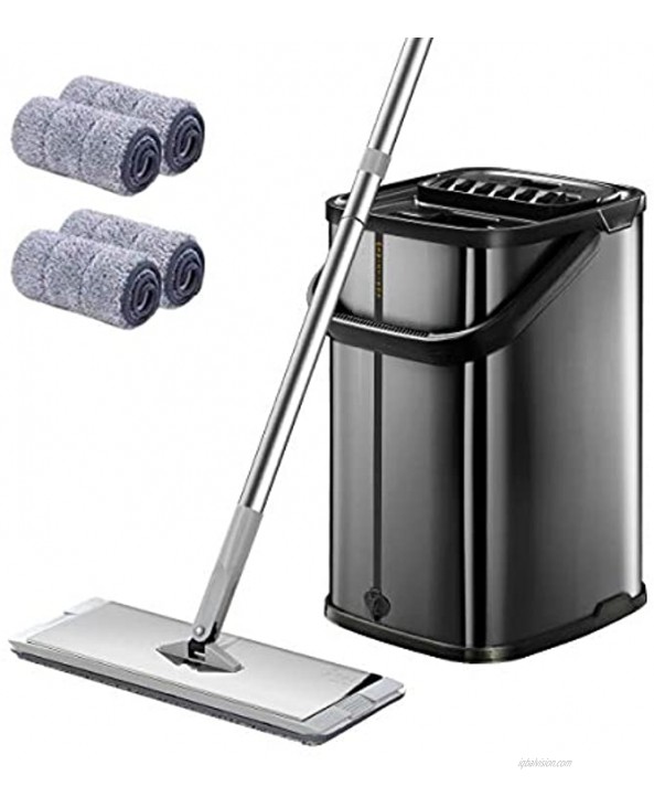 Black Squeeze Flat Floor Mop and Bucket Set,Stainless Steel Handle Adjustable 4 Washable & Reusable Microfiber Mop Pads Professional Commercial Home Mops for Floor Cleaning