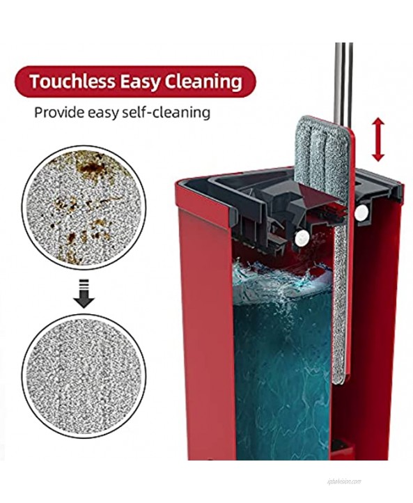 BOSHENG Flat Floor Mop and Bucket Set for House Cleaning Adjustable Stainless Steel Handle Washable Microfiber Pads Squeeze Out Water Without Hands Perfect Cleaner for Hardwood Laminate Tiles