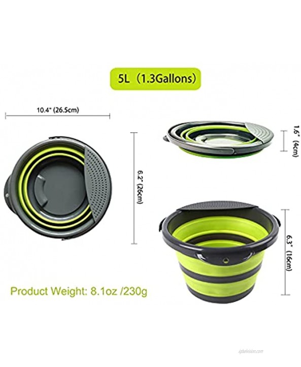 Collapsible Bucket,【2 Pack】 Cleaning Foldable Plastic Bucket w Removable Filter House Bucket for Outdoor Gardening Hiking Camping Travel Space Saving 5 & 10 Liter – Green
