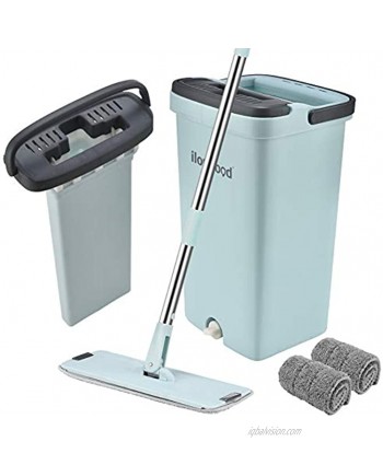 ilongood Squeeze Flat Mop and Bucket Set for Professional Floor Cleaning with Stainless Steel Handle and 2 Washable & Reusable Mop Pads