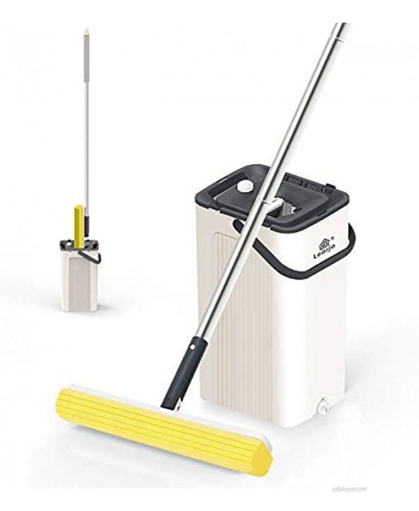 LEARJA PVA Mop Hands-Free Rinsing and Wringing Bucket Set with 2 Super Absorbent Sponge Mop Heads Refills and Long Handle for Hardwood Laminate Marble Ceramic Floors Both Dry and Wet Use Beige