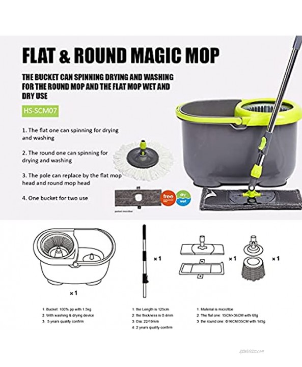 Microfiber 360° Spin Mop & Flat Mop Bucket Adjustable Handle Floor Cleaning System With Cleaning and Spin-dry two Devices,Two Head shape to ReplaceWith 6 Microfiber Replacement Head,2 Pcs Mop Holder