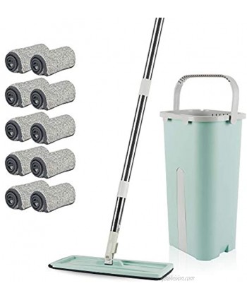 REALWAY Flat Floor Mop and Bucket Set with 10 Reusable Microfiber Mop Pads Hand-Free Wringing Cleaning Floor Mop Bucket Wet and Dry Use for Office & Home & Kitchen Etc Floors Cleaning Green