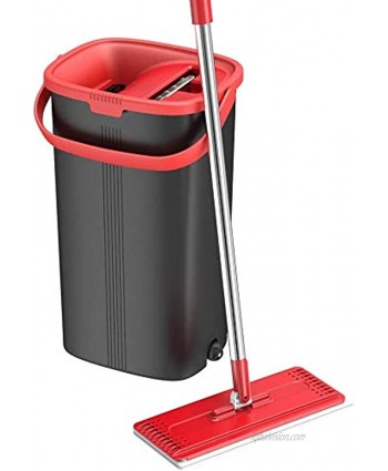 TETHYS Flat Floor Mop and Bucket Set for Professional Home Floor Cleaning System with Aluminum Handle 2-Washable Microfiber Pads Perfect Home + Kitchen Cleaner for Hardwood Laminate Tiles Vinyl
