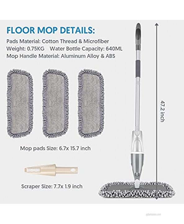 Microfiber Mop Spray Mop for Floor Cleaning EXEGO Floor Mop Wood Mop Kitchen Mop Dry Wet Mop with 3 Reusable Pads & 640ML Refillable Spray Bottle for Hardwood Floor Ceramic Tiles Floor Cleaning