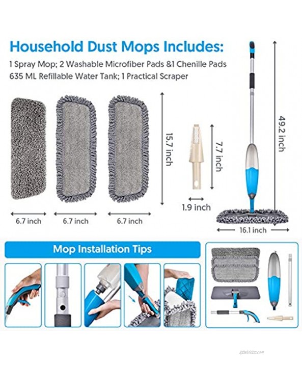 Microfiber Spray Mop for Floors Cleaning EXEGO 360 Degree Spin Hardwood Floor Mop Laminate Floor Cleaning Mops Dry Mop for Hardwood Laminate Floor Ceramic Microfiber Mops with 3 Washable Mop Heads