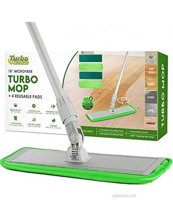 Turbo Microfiber Mop Floor Cleaning System 18-inch Sweeper with 4 Reusable Pads and 360-Spin Mop Head with Extendable Handle Household Cleaning Supplies and Tools