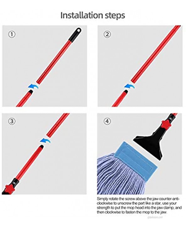 Yocada Looped-End String Wet Mop Heavy Duty Cotton Mop Commercial Industrial Grade Iron Pole Jaw Clamp Floor Cleaning 52in Long Red