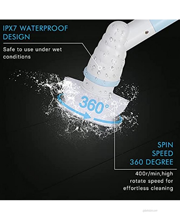 360 Cordless Tub and Tile Scrubber Spin Scrubber Multi-Purpose Power Surface Cleaner with 3 Replaceable Cleaning Scrubber Brush Heads 1 Extension Arm and Adapter for Bathroom Tub Tile Wall