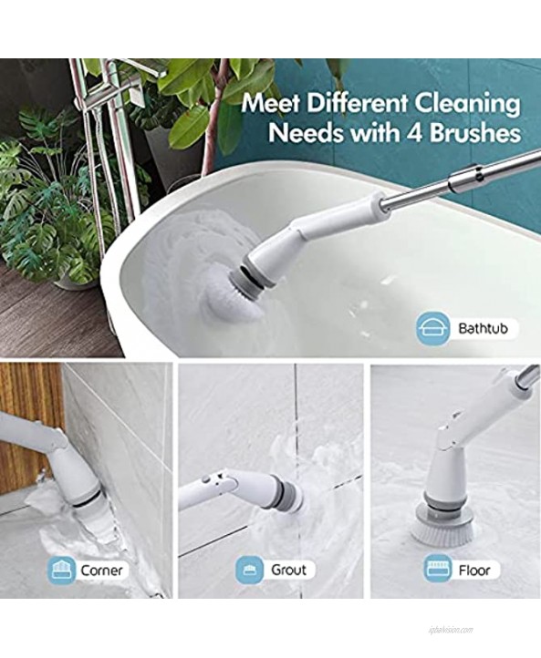 Electric Spin Scrubber Cordless Shower Scrubber Electric Bathroom Scrubber Shower Cleaning Brush with 4 Replaceable Brush Heads and Adjustable Extension Handle for Tile Floor Bathtub White