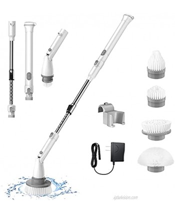 Electric Spin Scrubber Cordless Shower Scrubber Electric Bathroom Scrubber Shower Cleaning Brush with 4 Replaceable Brush Heads and Adjustable Extension Handle for Tile Floor Bathtub White