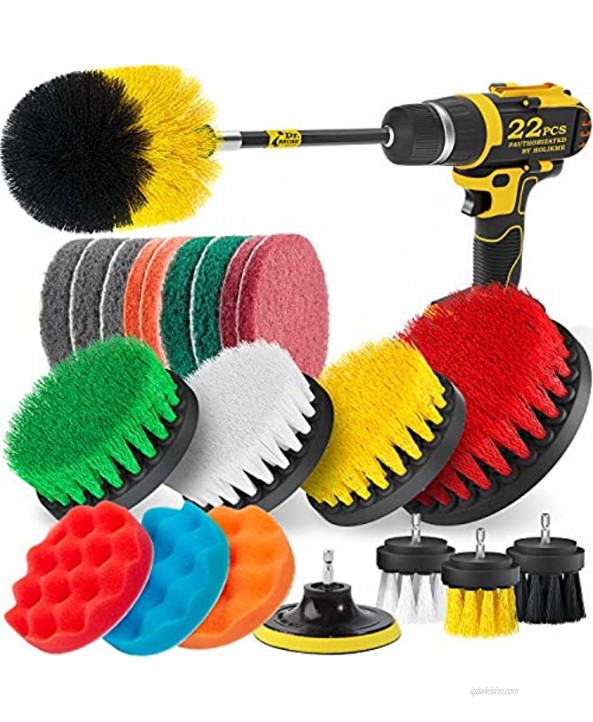 Holikme 22Piece Drill Brush Attachments Set,Scrub Pads & Sponge Power Scrubber Brush with Extend Long Attachment All Purpose Clean for Grout Tiles Sinks Bathtub Bathroom Kitchen