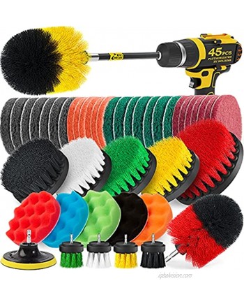 Holikme 45 Piece Drill Brush Attachment Set Scrub Pads Scouring Pads Power Scrubber Brush with Extend Long Attachment All Purpose Clean for Grout Tiles Sinks Bathtub Bathroom Kitchen