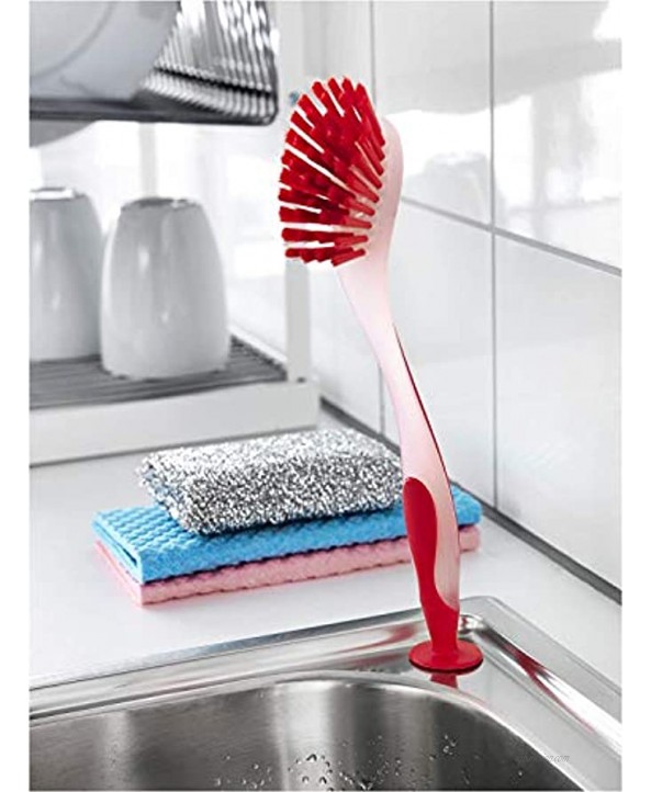 Klickpick Home Dish Scrubber Brushes Assorted Colors Dishwashing Brush with Soft Long Handle Scrubbing Brushes with Suction Cup Multiple Use Cleaning Scrub Brush,Set of 3- Red,Green,Blue