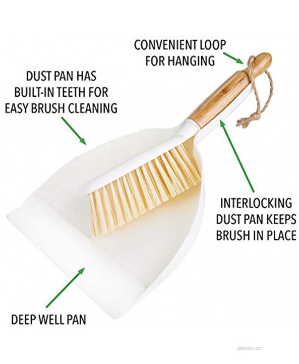 mDesign Hand Held Dustpan and Brush Set Angled Brush Head Long Bamboo Wood Handle with Hanging Loop for Household Cleaning Kitchen Garage Bathroom Laundry or Utility Room White Natural