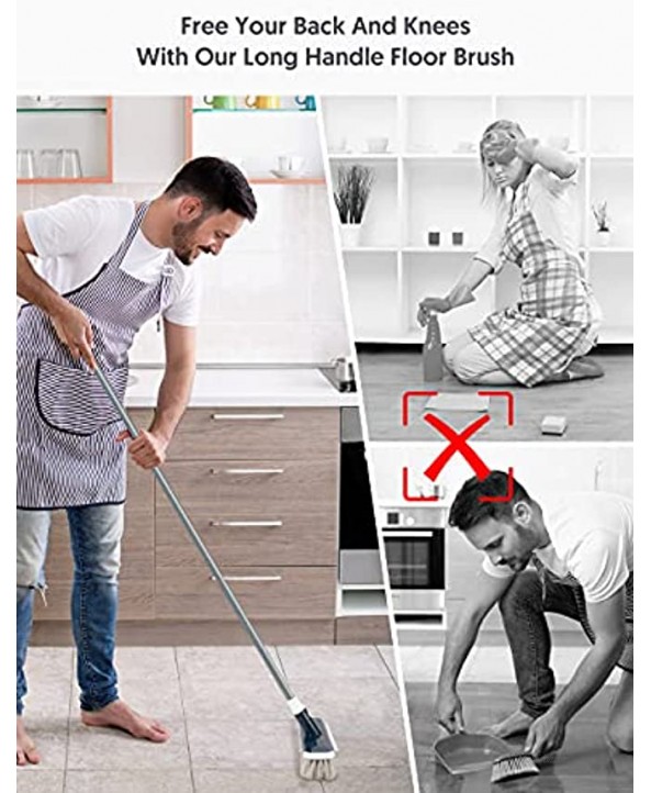 MEXERRIS Floor Scrub Brush with Long Handle Stiff Carpet Deck Brush 2 in 1 Floor Scrubber Cleaning Grout Brush for Tile Bathroom Shower Sink Bathtub and Kitchen Surface Gray