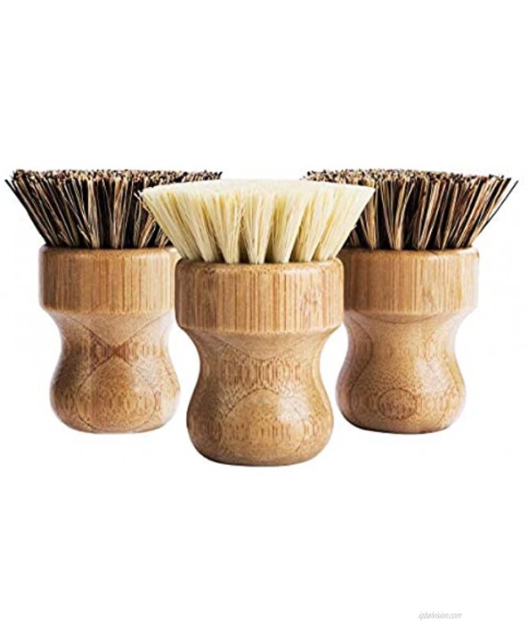 Palm Pot Brush- Bamboo Round 3 Packs Mini Dish Brush Natural Scrub Brush Durable Scrubber Cleaning Kit with Union Fiber and Tampico Fiber for Cleaning Pots Pans and Vegetables