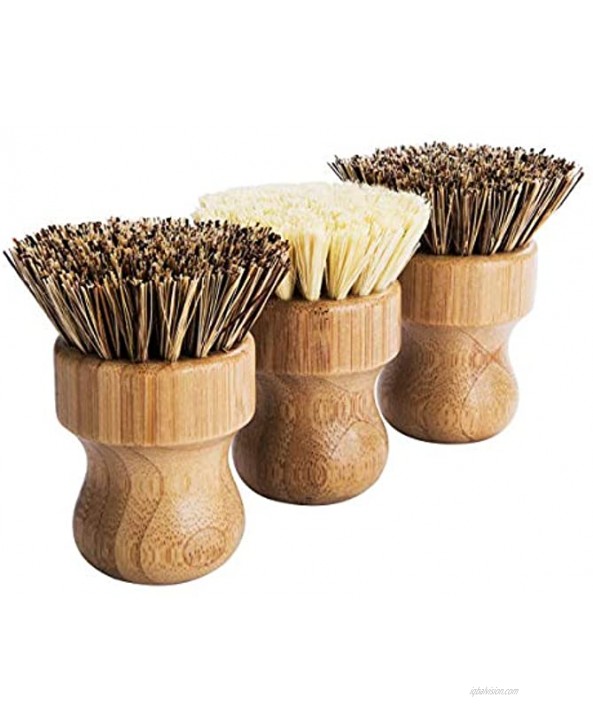 Palm Pot Brush- Bamboo Round 3 Packs Mini Dish Brush Natural Scrub Brush Durable Scrubber Cleaning Kit with Union Fiber and Tampico Fiber for Cleaning Pots Pans and Vegetables