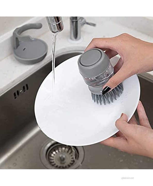 Soap Dispensing Palm Scrub Brush with Drip Tray Washing Brush for Dishes Pots Pans Sink Cleaning Kitchen Scrubber Storage Stand Set Gray
