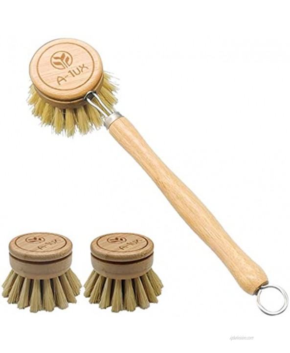 Wooden Dish Brush Bamboo Wood & Natural Bristle Tampico Fiber Washing Up Brushes with 2pcs Replacement Brush Heads for Pot Pan Dish Bowl Kitchen Cleaning