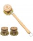 Wooden Dish Brush Bamboo Wood & Natural Bristle Tampico Fiber Washing Up Brushes with 2pcs Replacement Brush Heads for Pot Pan Dish Bowl Kitchen Cleaning