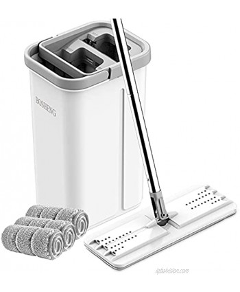 BOSHENG Flat Floor Mop and Bucket Hands Free Mop and Bucket with Wringer Set 3 Washable Microfiber Pads Included Wet and Dry Use Home Floor Cleaning System for All Floor Types and Windows
