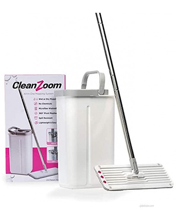 CleanZoom Reusable Mop and Bucket Set Wet or Dry Compact Flat Mop and Bucket System Dual Chamber Bucket with Microfiber Pad
