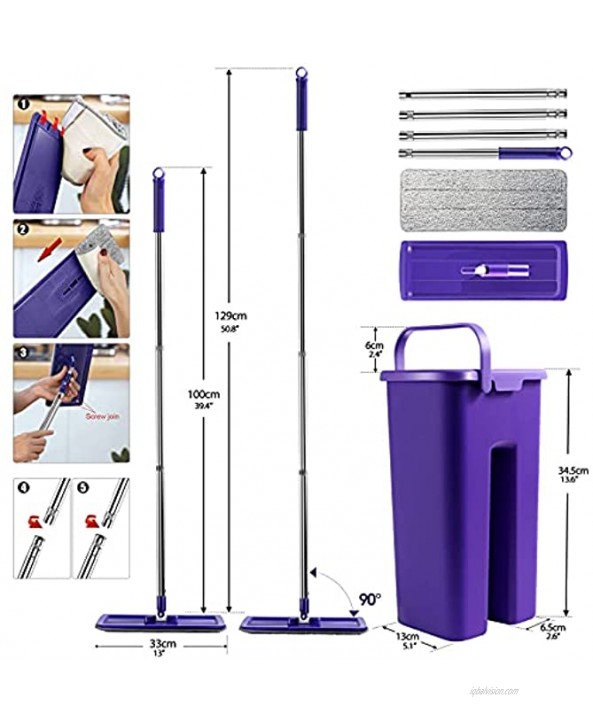 Flat Floor Mop and Bucket Set with 8 PCS Reusable Microfiber Refills Self-Wringing Mop Bucket with Long Handle Wet and Dry Squeeze Mop Use for Home and Kitchen Cleaning